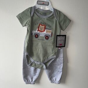 Dapper Dude Green Gray Baby Outfit SET Sz 3/6M LION Adventure Design NEW